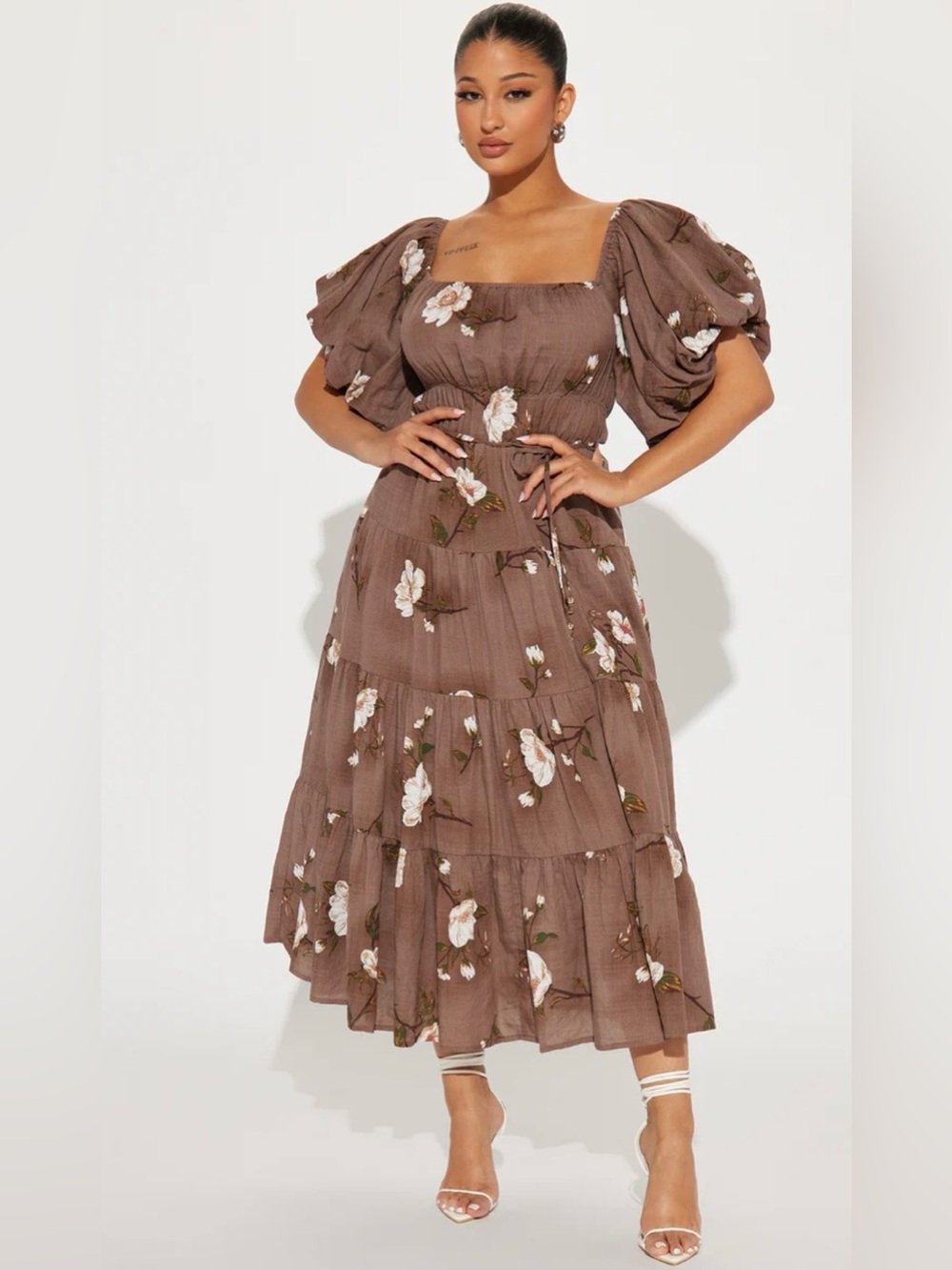 HYFVE Brown Floral Puff Sleeve Tiered Cottagecore Boho Midi Dress Size Large